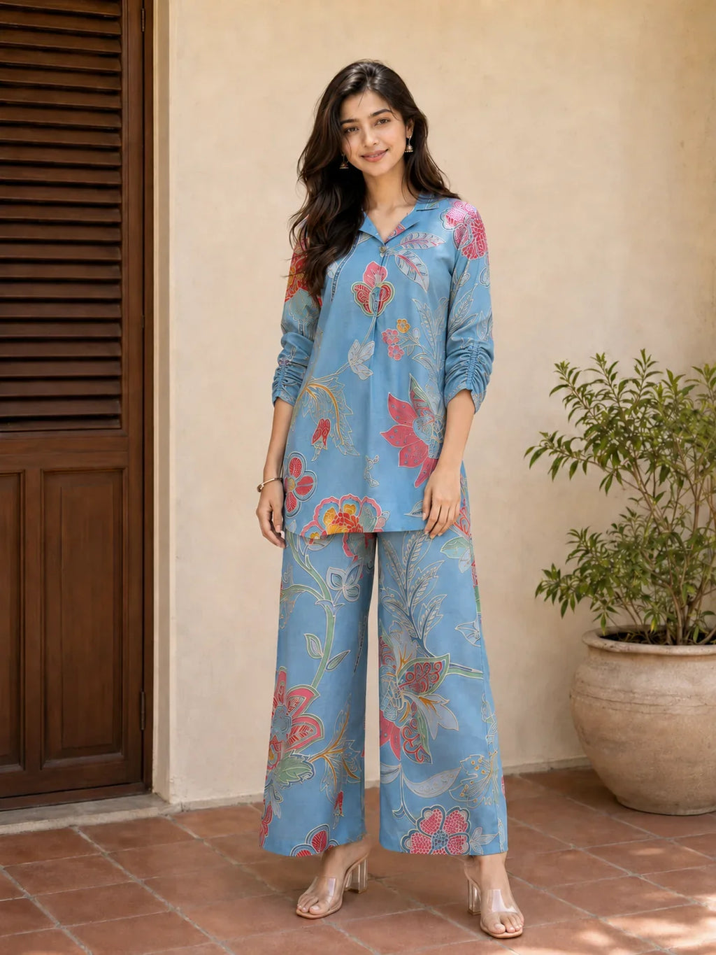 Blue Multi Color Bold Floral Printed Muslin Co Ord Set