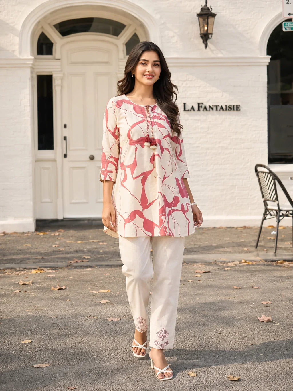 Cream & Dusty Rose Abstract Print Cotton Flex Co-ord Set
