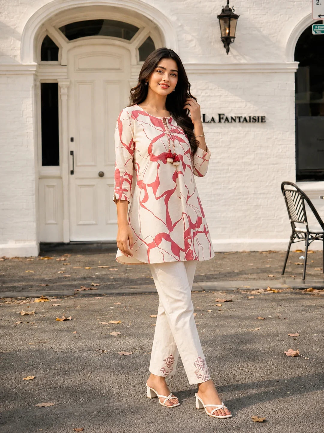 Cream & Dusty Rose Abstract Print Cotton Flex Co-ord Set