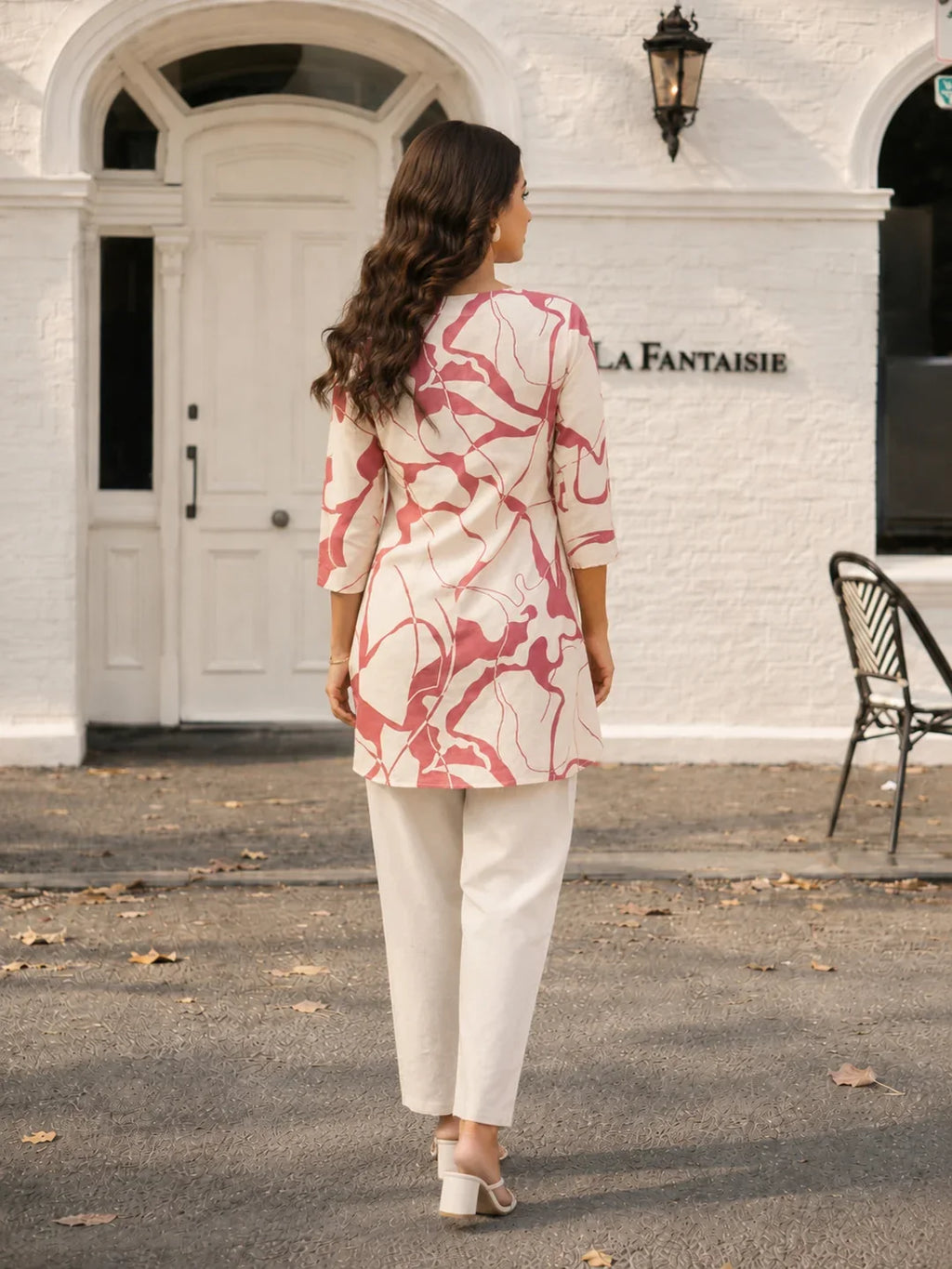 Cream & Dusty Rose Abstract Print Cotton Flex Co-ord Set