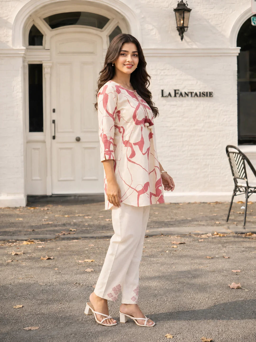 Cream & Dusty Rose Abstract Print Cotton Flex Co-ord Set