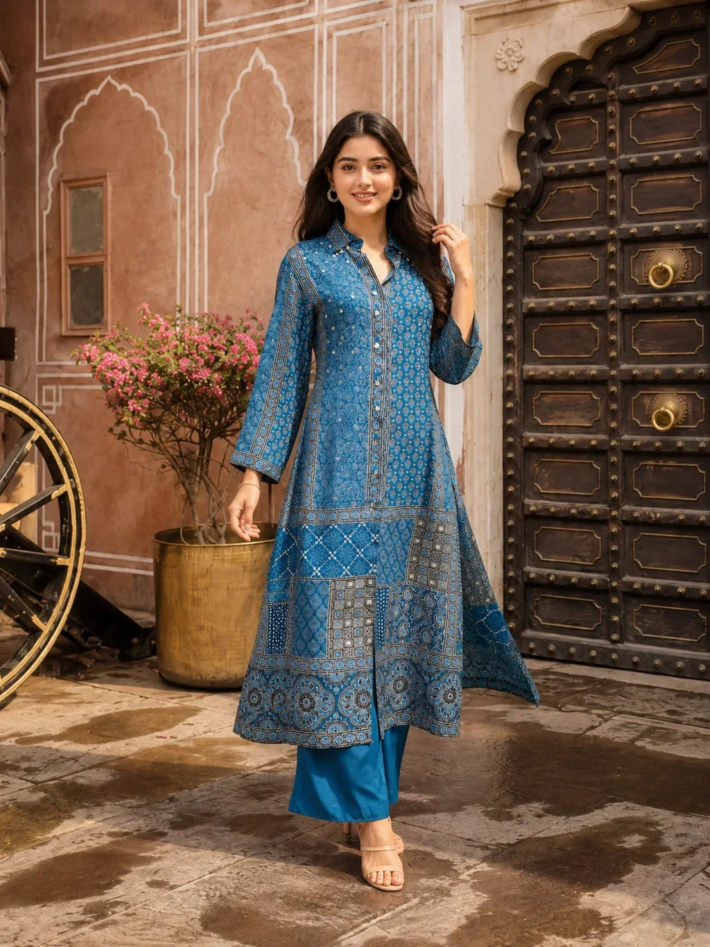 Indigo Ajrakh Printed Shirt Collar Kurta Set with Maroon Pants in Crepe