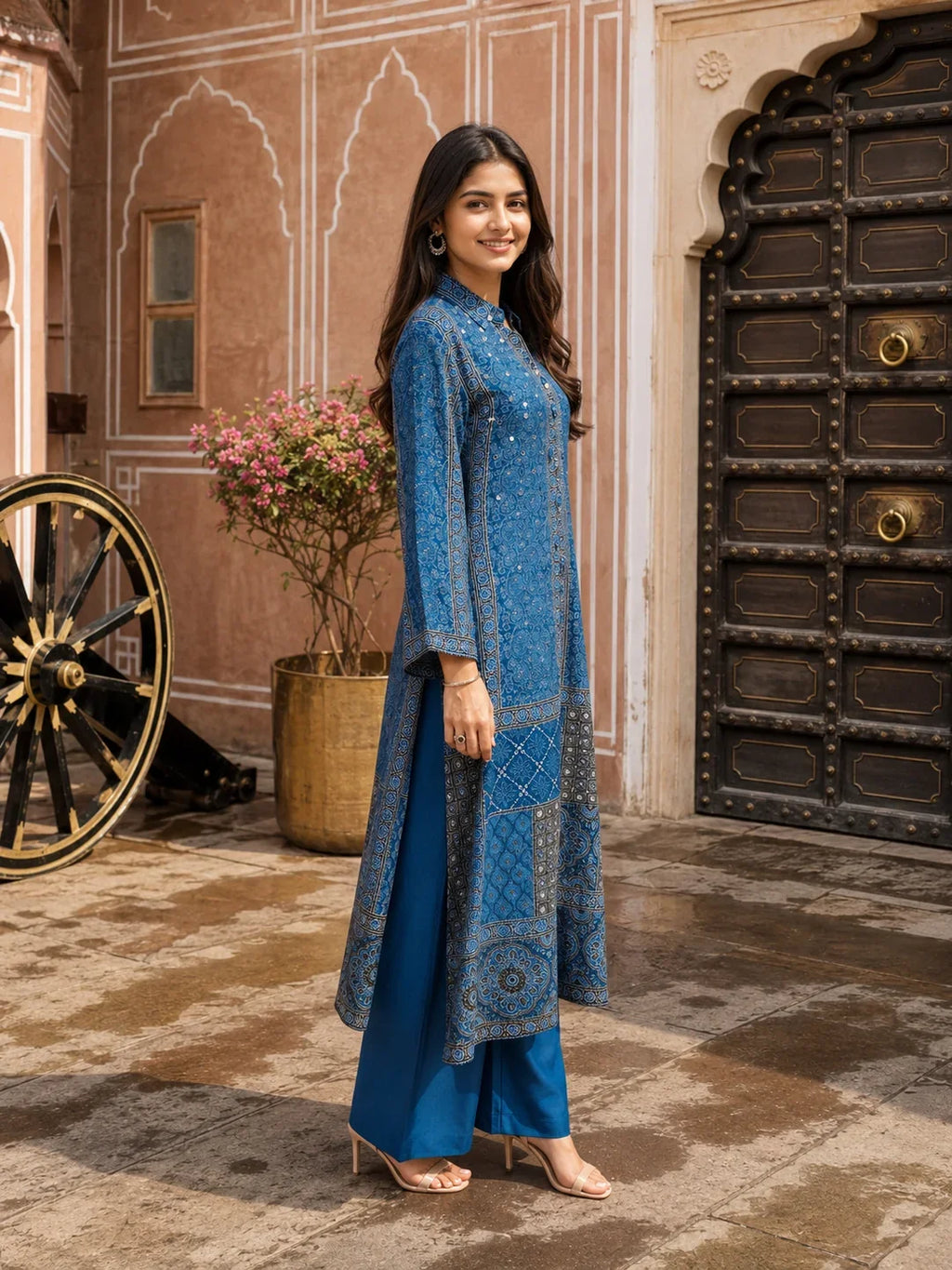 Indigo Ajrakh Printed Shirt Collar Kurta Set with Maroon Pants in Crepe