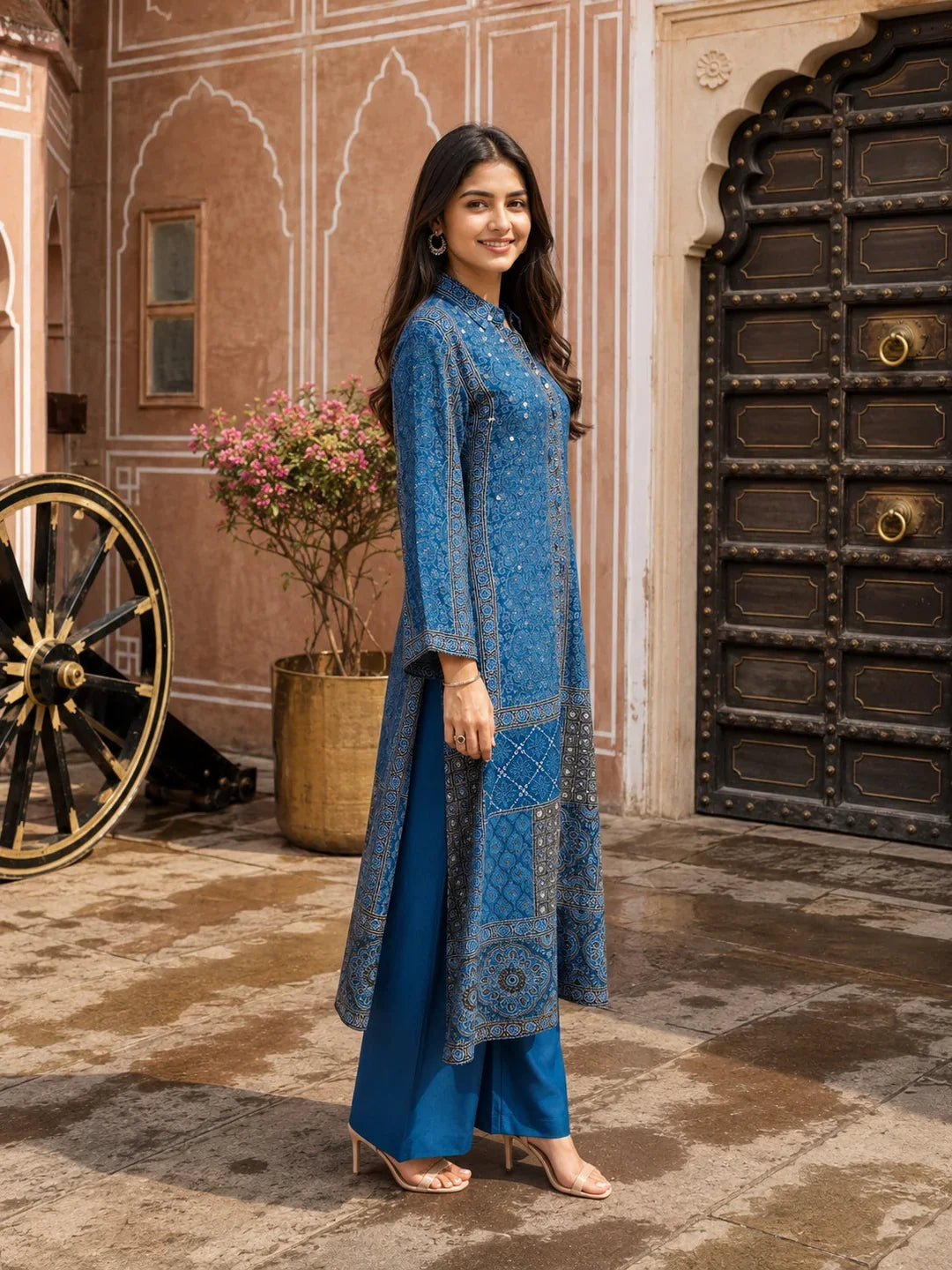 Indigo Ajrakh Printed Shirt Collar Kurta Set with Maroon Pants in Crepe
