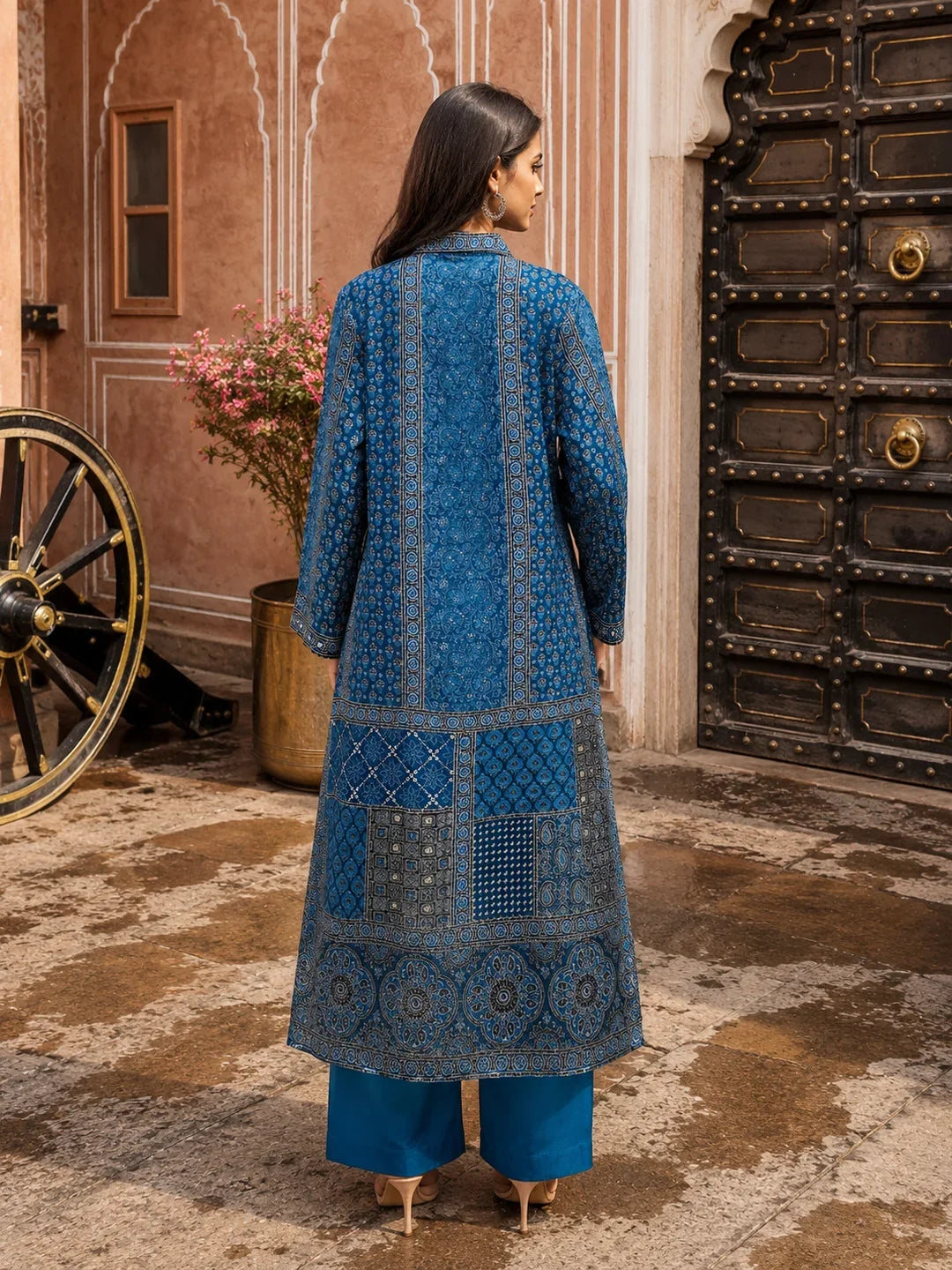 Indigo Ajrakh Printed Shirt Collar Kurta Set with Maroon Pants in Crepe