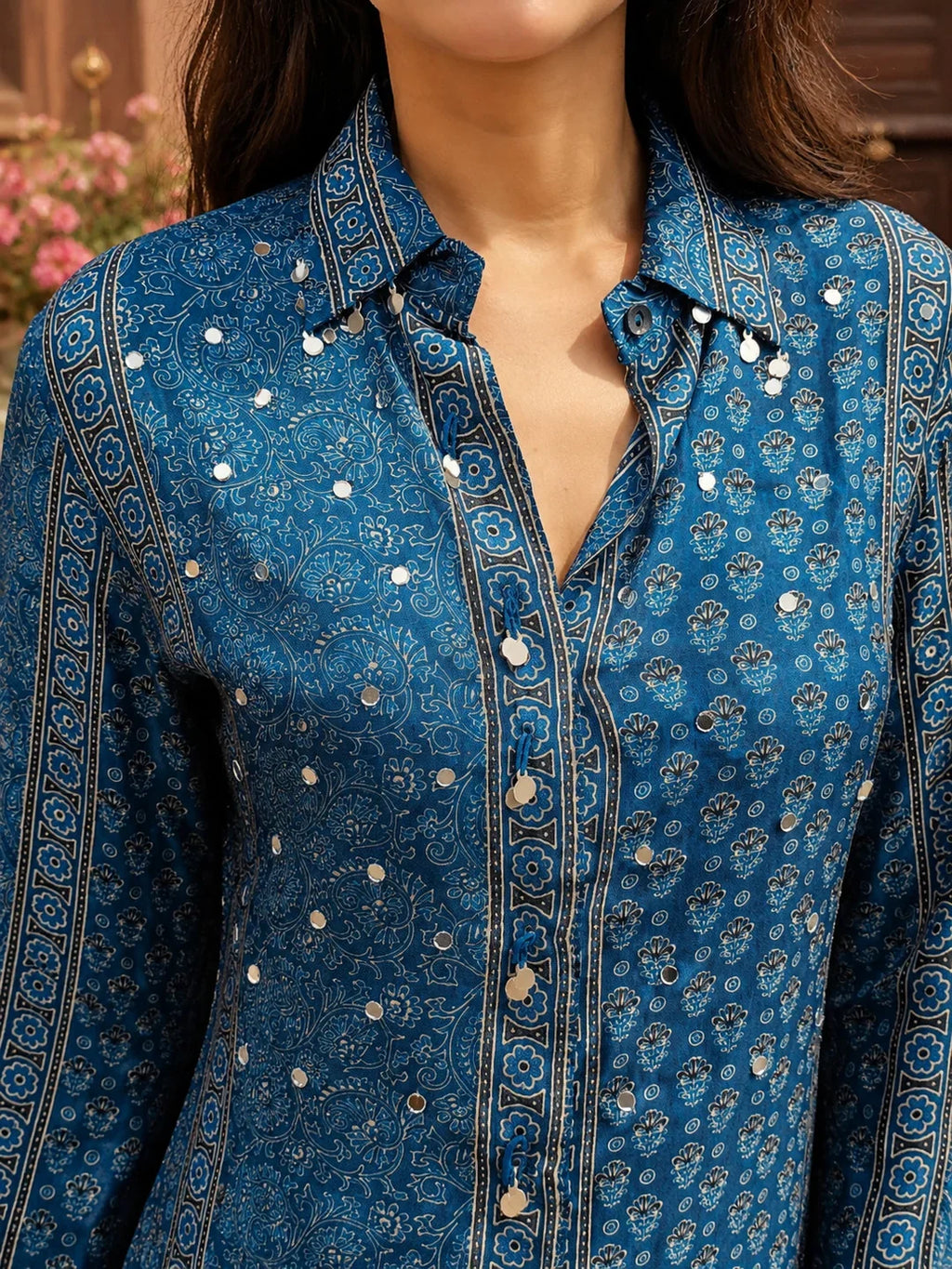 Indigo Ajrakh Printed Shirt Collar Kurta Set with Maroon Pants in Crepe