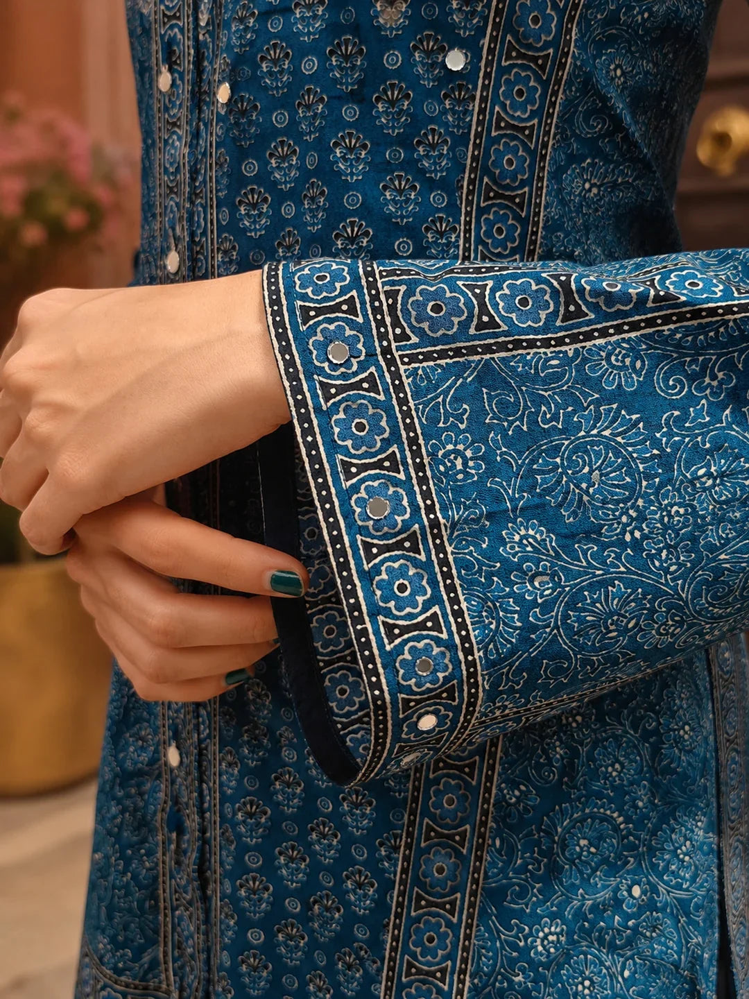 Indigo Ajrakh Printed Shirt Collar Kurta Set with Maroon Pants in Crepe