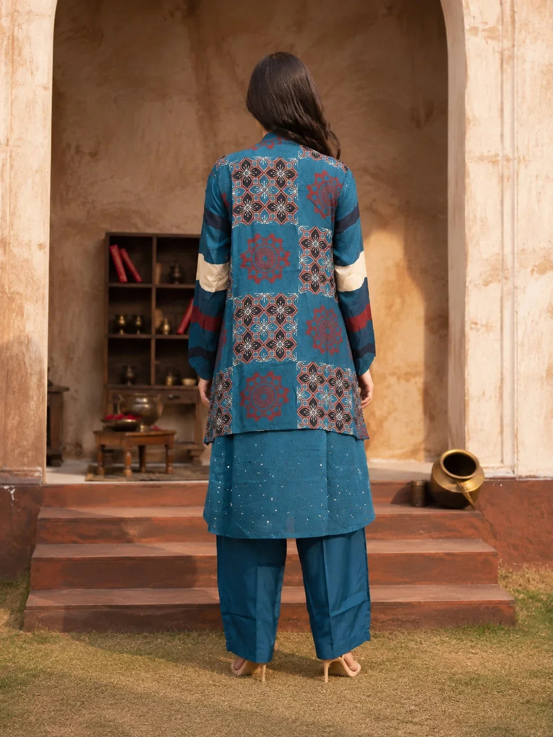 Blue Geometric Floral 3-Piece Co-ord Set in Muslin