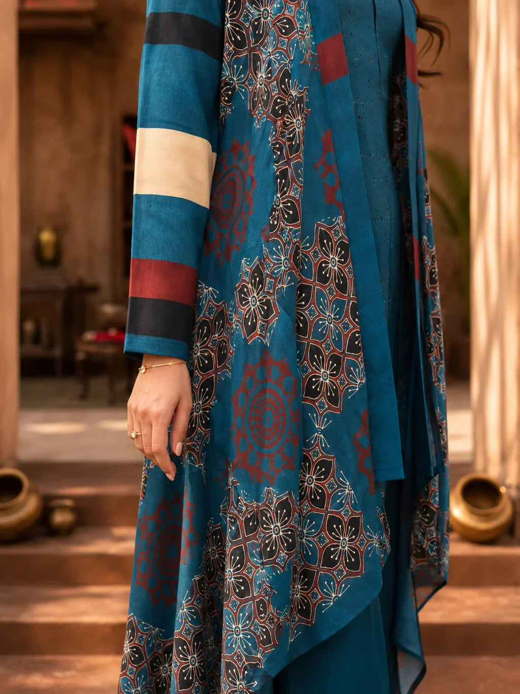 Blue Geometric Floral 3-Piece Co-ord Set in Muslin