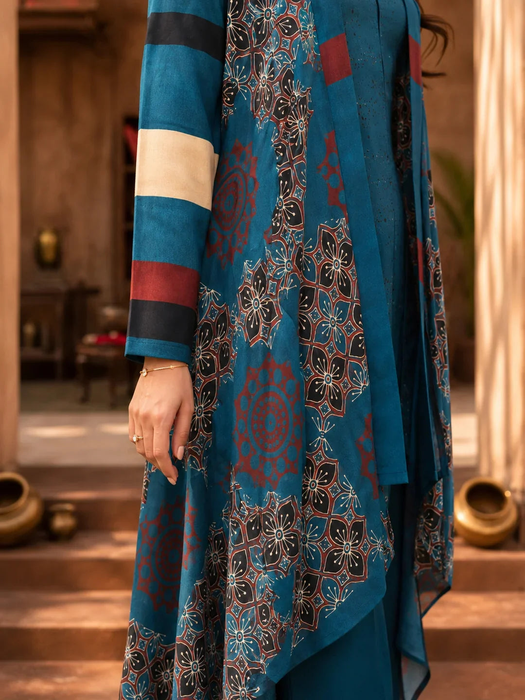 Blue Geometric Floral 3-Piece Co-ord Set in Muslin