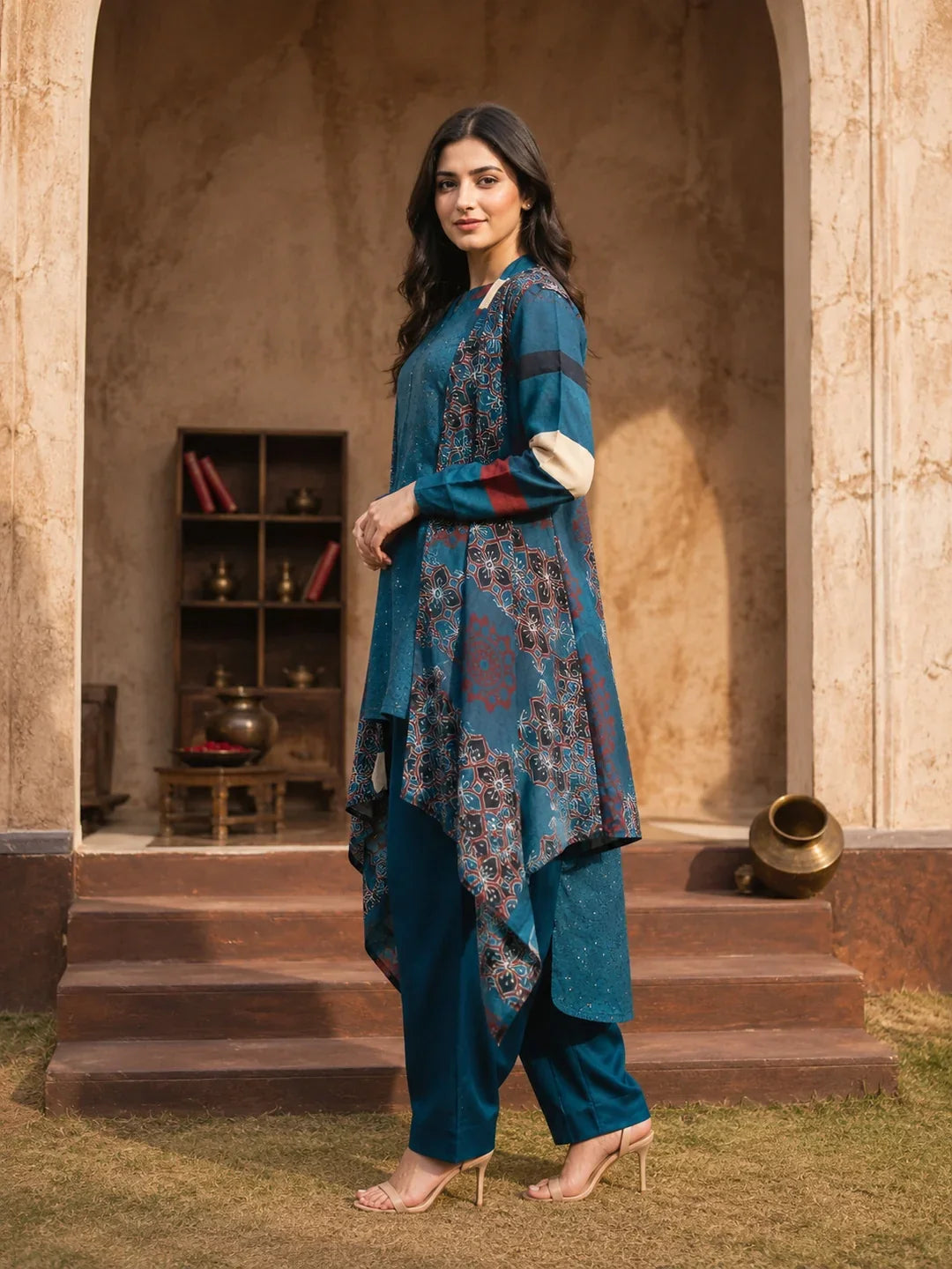 Blue Geometric Floral 3-Piece Co-ord Set in Muslin