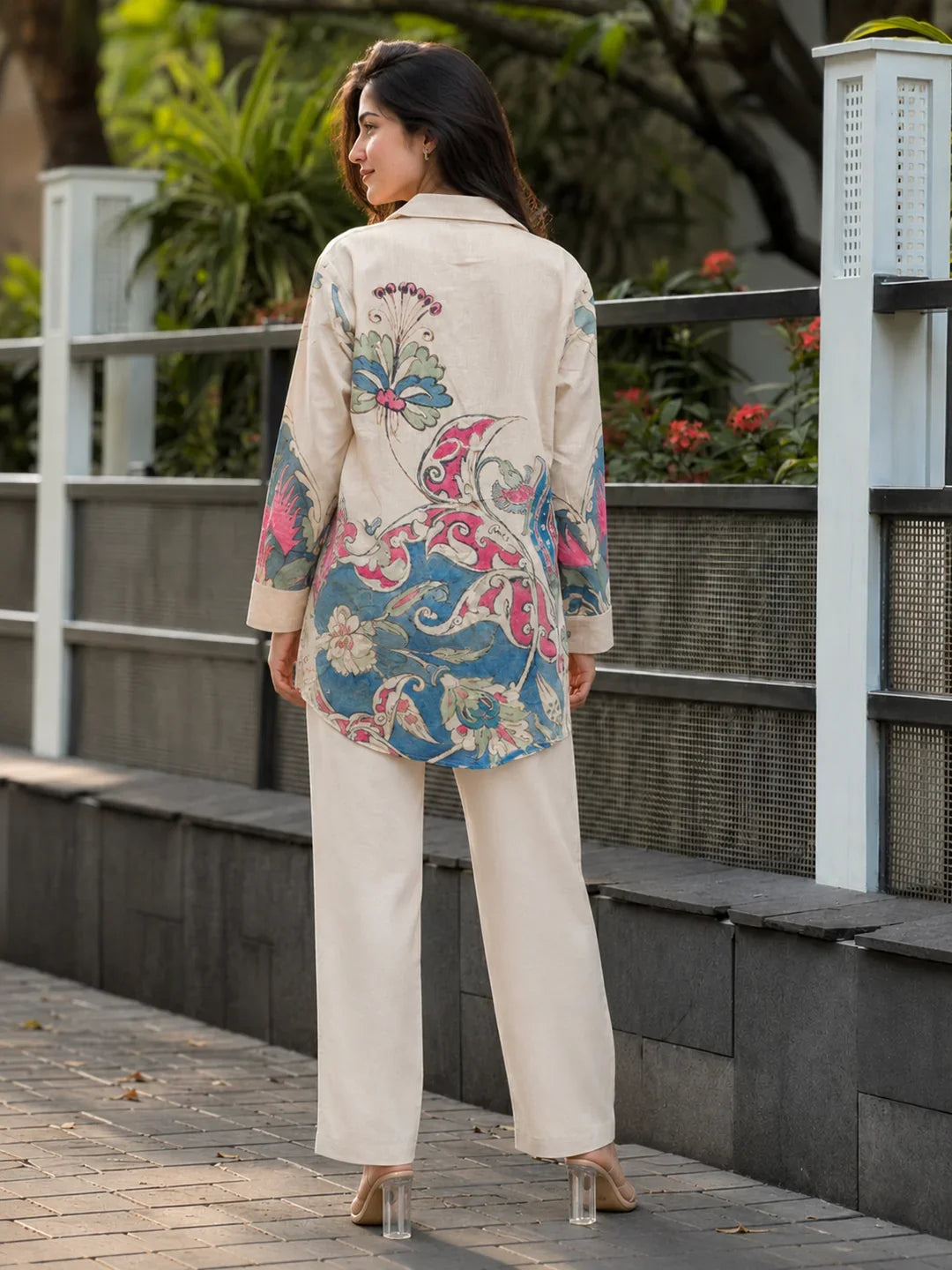 Beige Base Multicolor Floral Printed Co-ord Set in Handloom Cotton