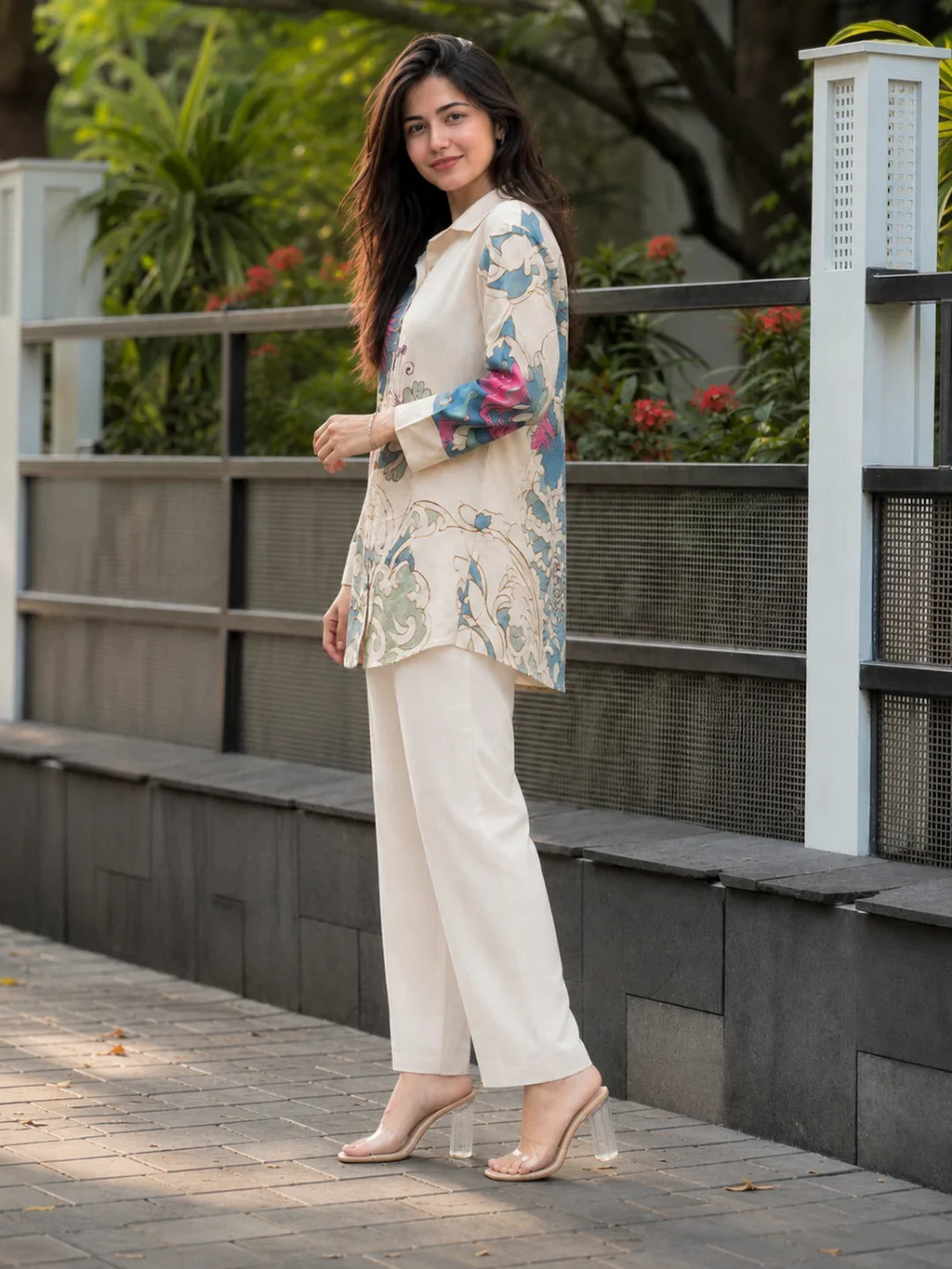 Beige Base Multicolor Floral Printed Co-ord Set in Handloom Cotton