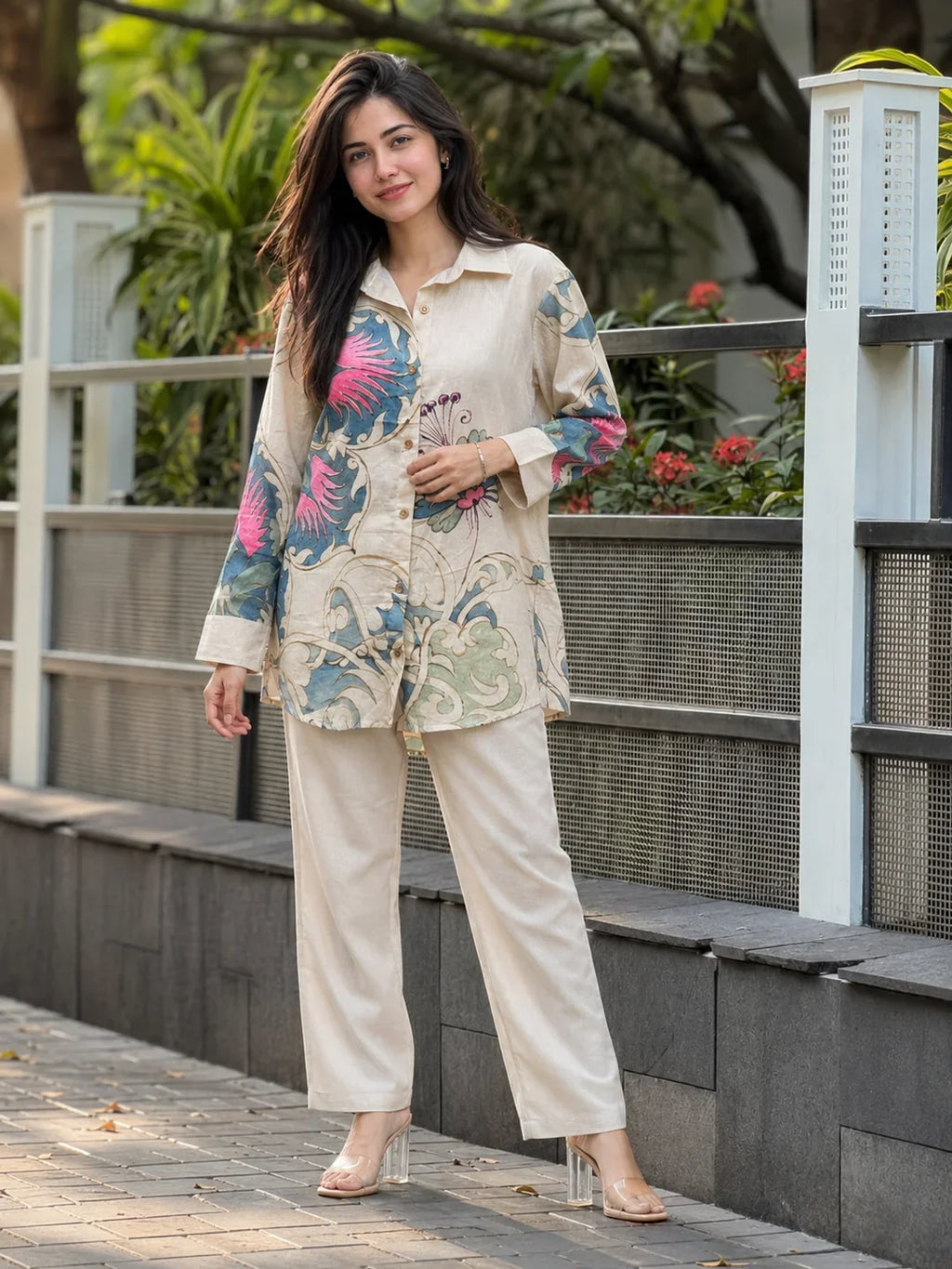 Beige Base Multicolor Floral Printed Co-ord Set in Handloom Cotton