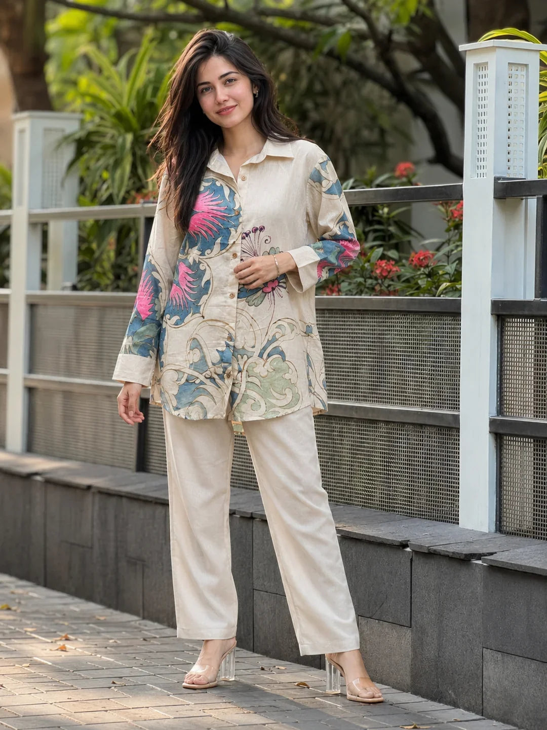 Beige Base Multicolor Floral Printed Co-ord Set in Handloom Cotton