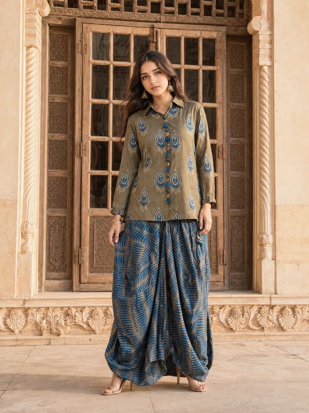 Olive Grey & Peacock Blue Block Print Co-ord Set with Tulip Skirt in Muslin