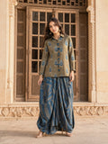 Olive Grey & Peacock Blue Block Print Co-ord Set with Tulip Skirt in Muslin