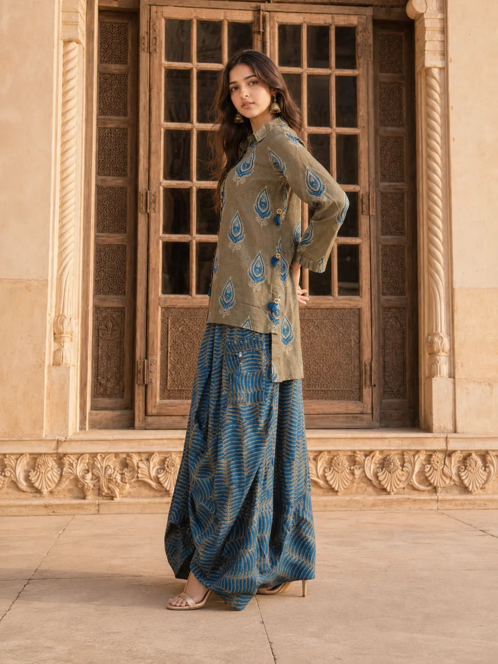 Olive Grey & Peacock Blue Block Print Co-ord Set with Tulip Skirt in Muslin