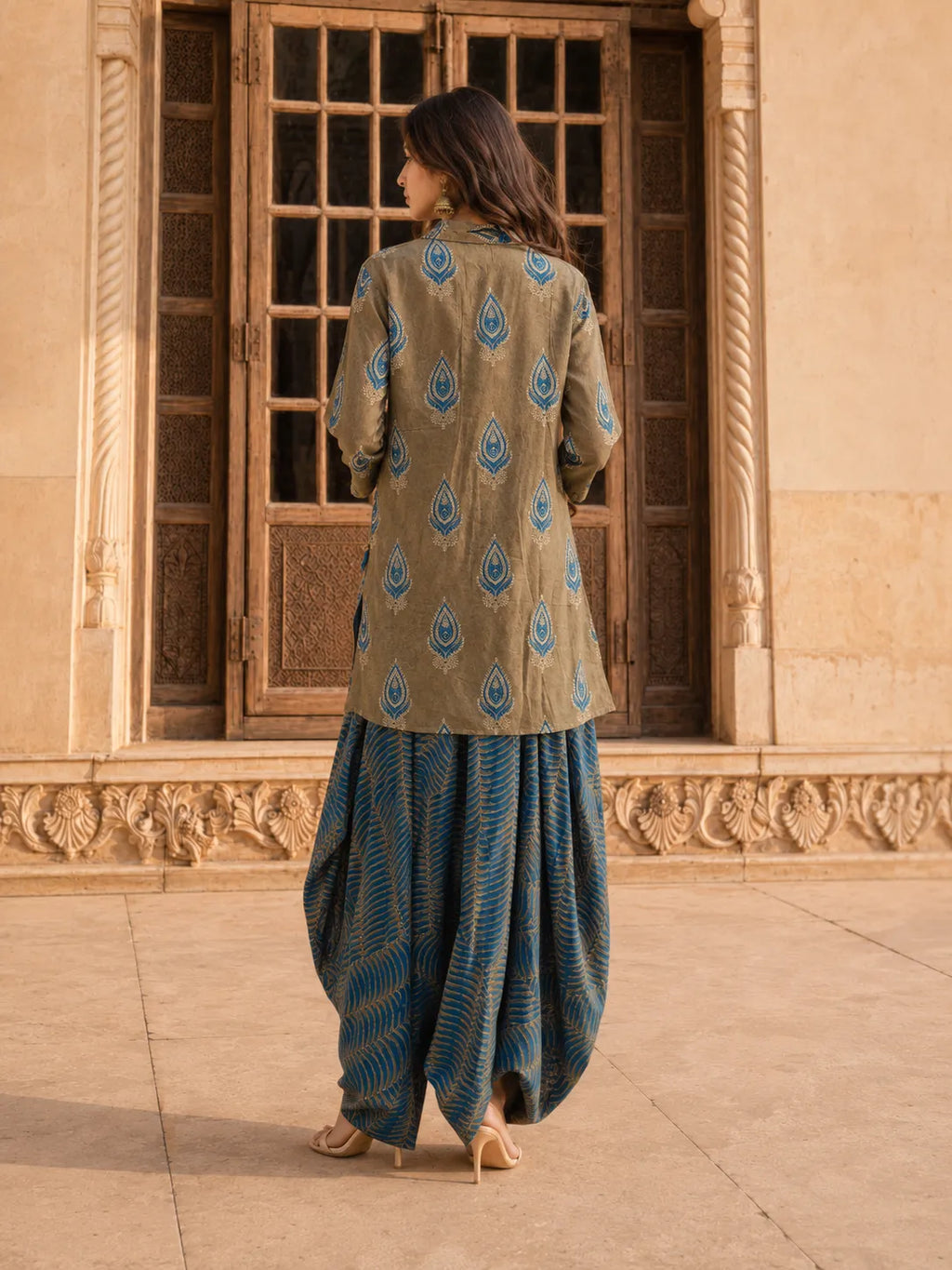 Olive Grey & Peacock Blue Block Print Co-ord Set with Tulip Skirt in Muslin