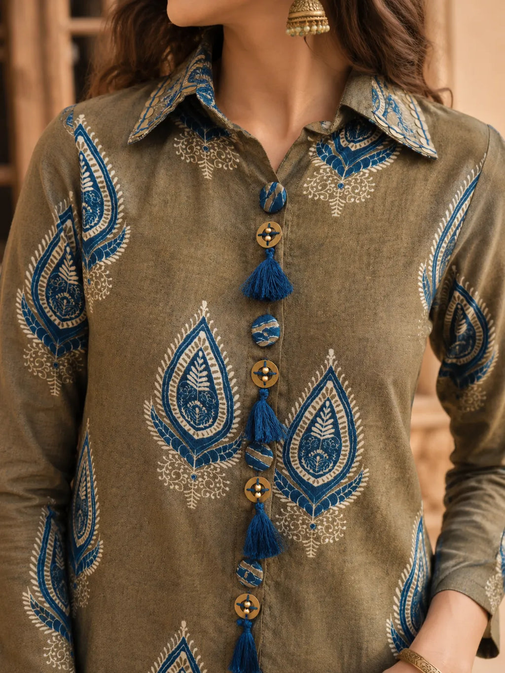 Olive Grey & Peacock Blue Block Print Co-ord Set with Tulip Skirt in Muslin