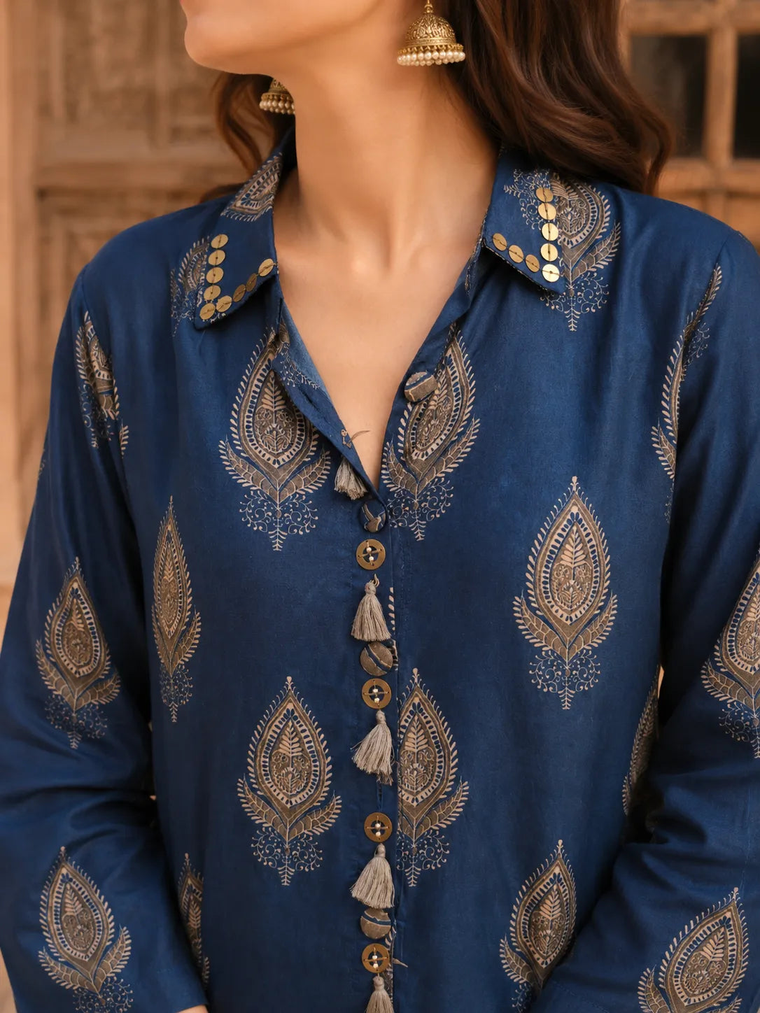 Indigo & Olive Grey Block Print Co-ord Set with Tulip Skirt in Muslin