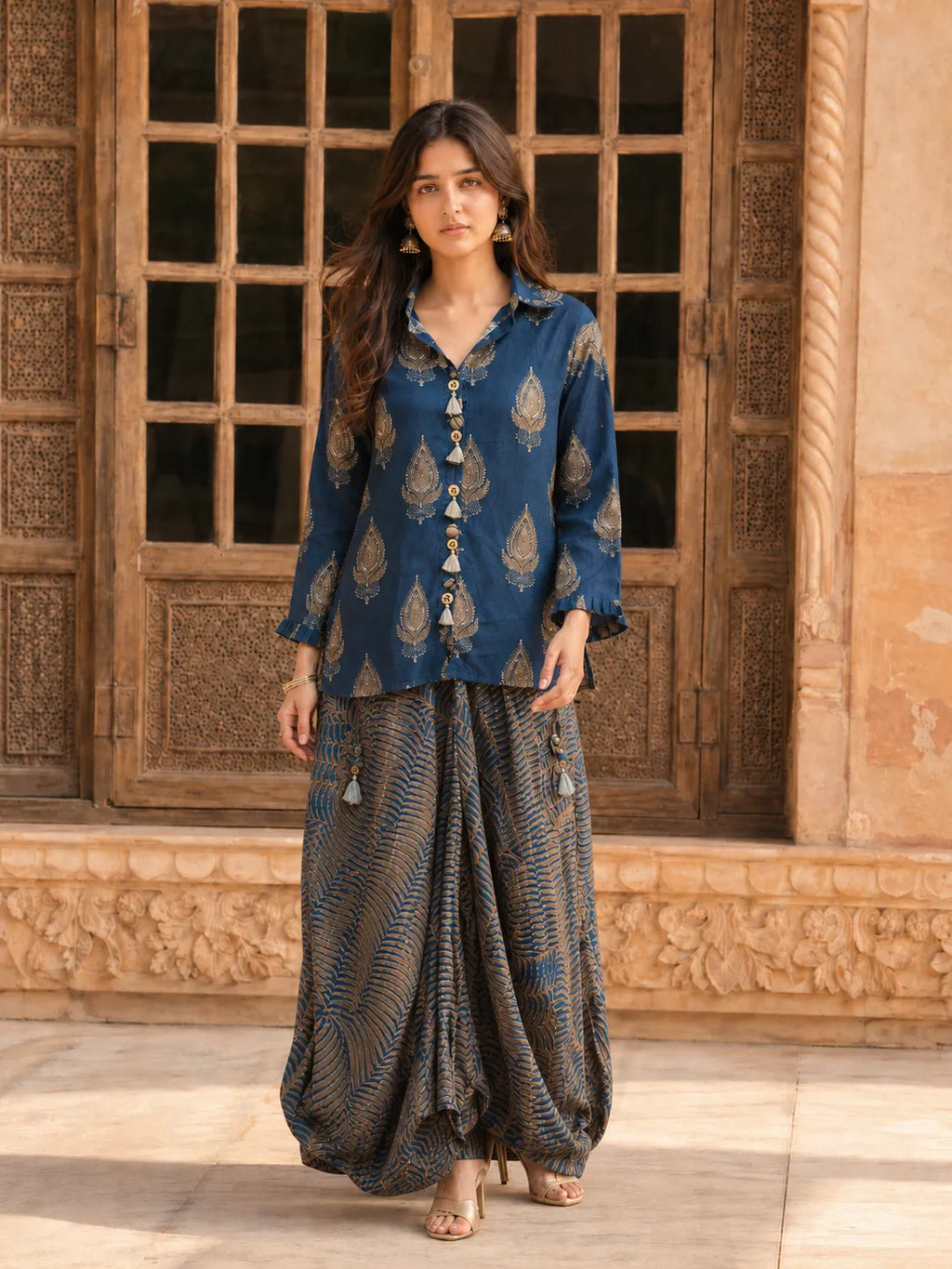 Indigo & Olive Grey Block Print Co-ord Set with Tulip Skirt in Muslin