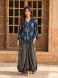 Indigo & Olive Grey Block Print Co-ord Set with Tulip Skirt in Muslin
