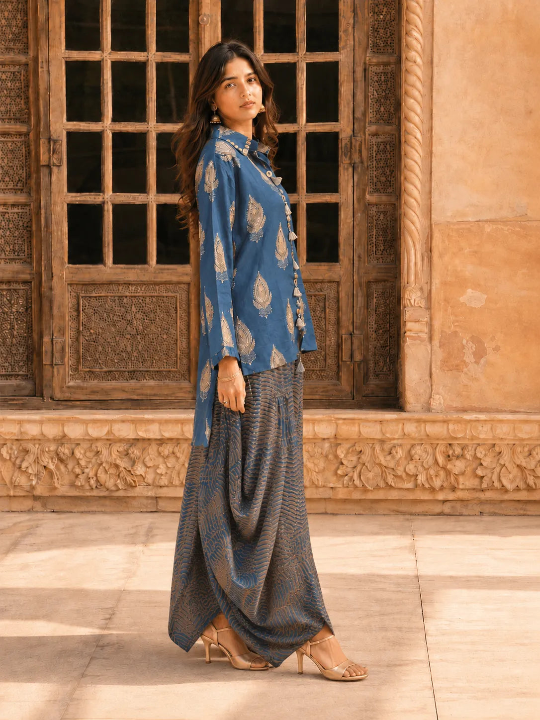Indigo & Olive Grey Block Print Co-ord Set with Tulip Skirt in Muslin