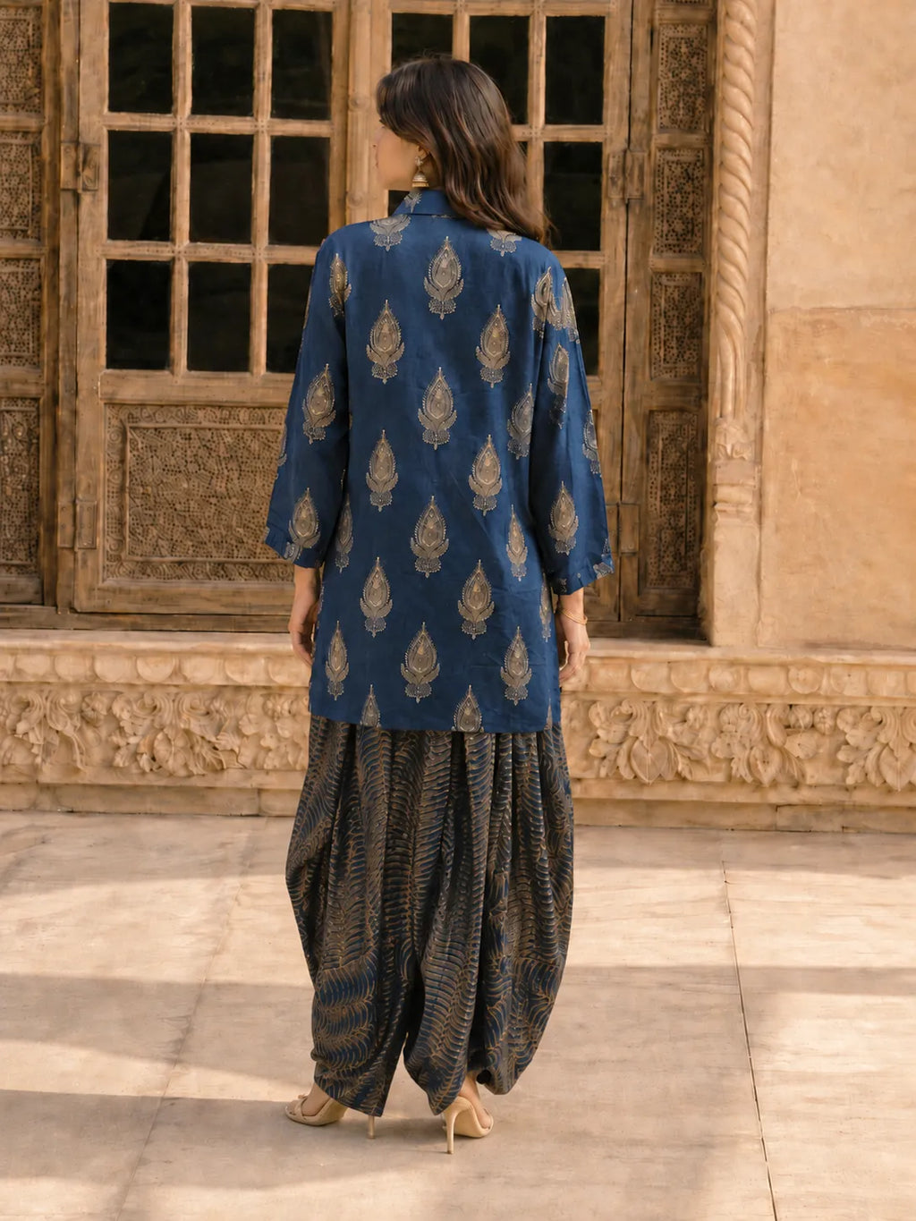Indigo & Olive Grey Block Print Co-ord Set with Tulip Skirt in Muslin