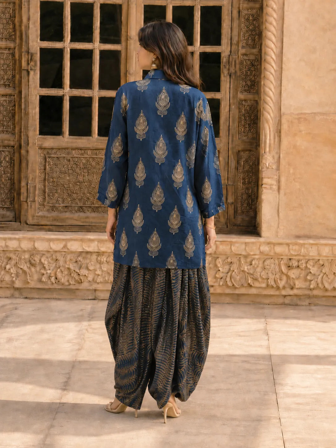 Indigo & Olive Grey Block Print Co-ord Set with Tulip Skirt in Muslin