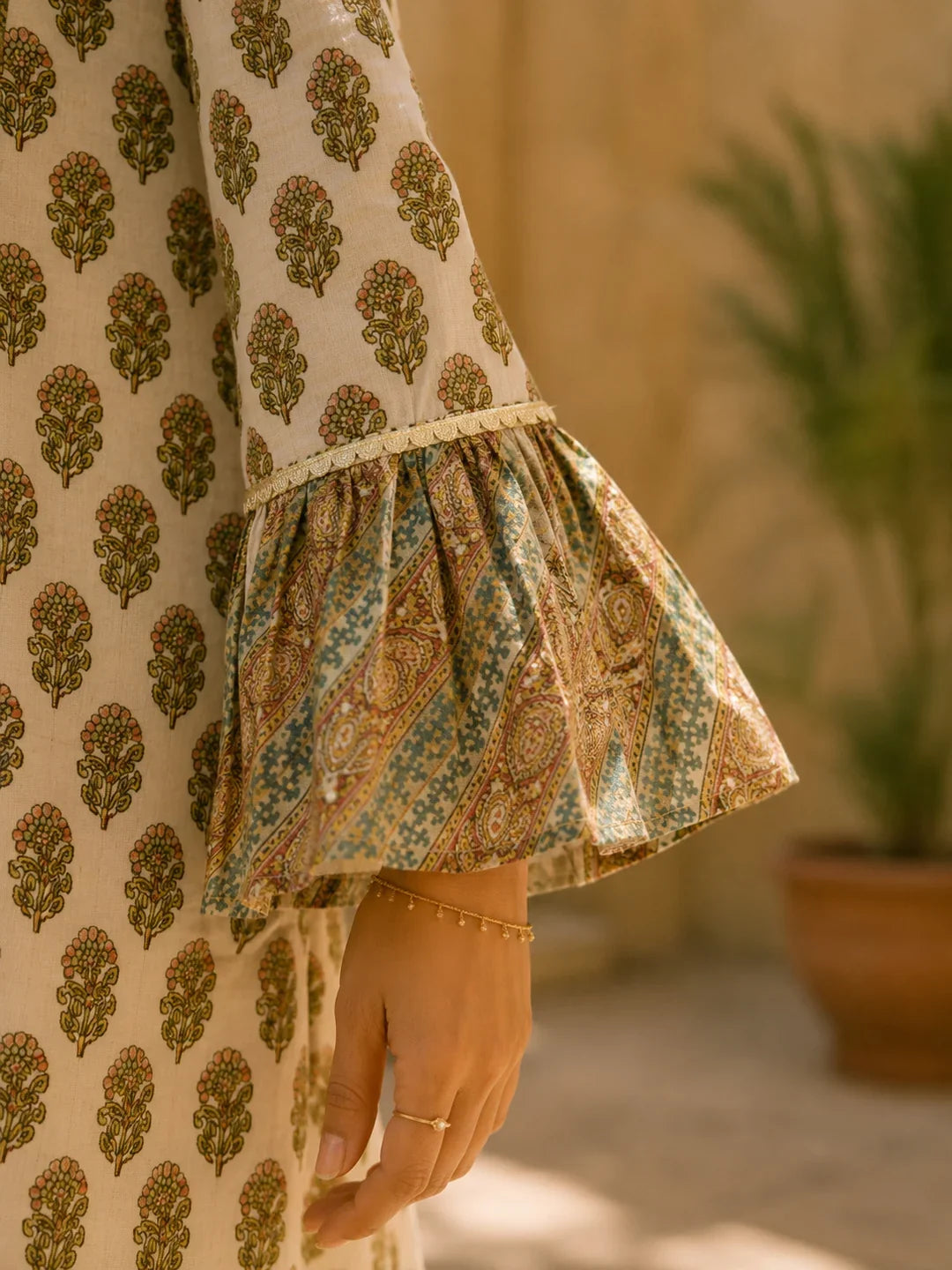 Butter Cream Lurex & Moti Embellished Muslin Co-ord Set with Flared Sleeves