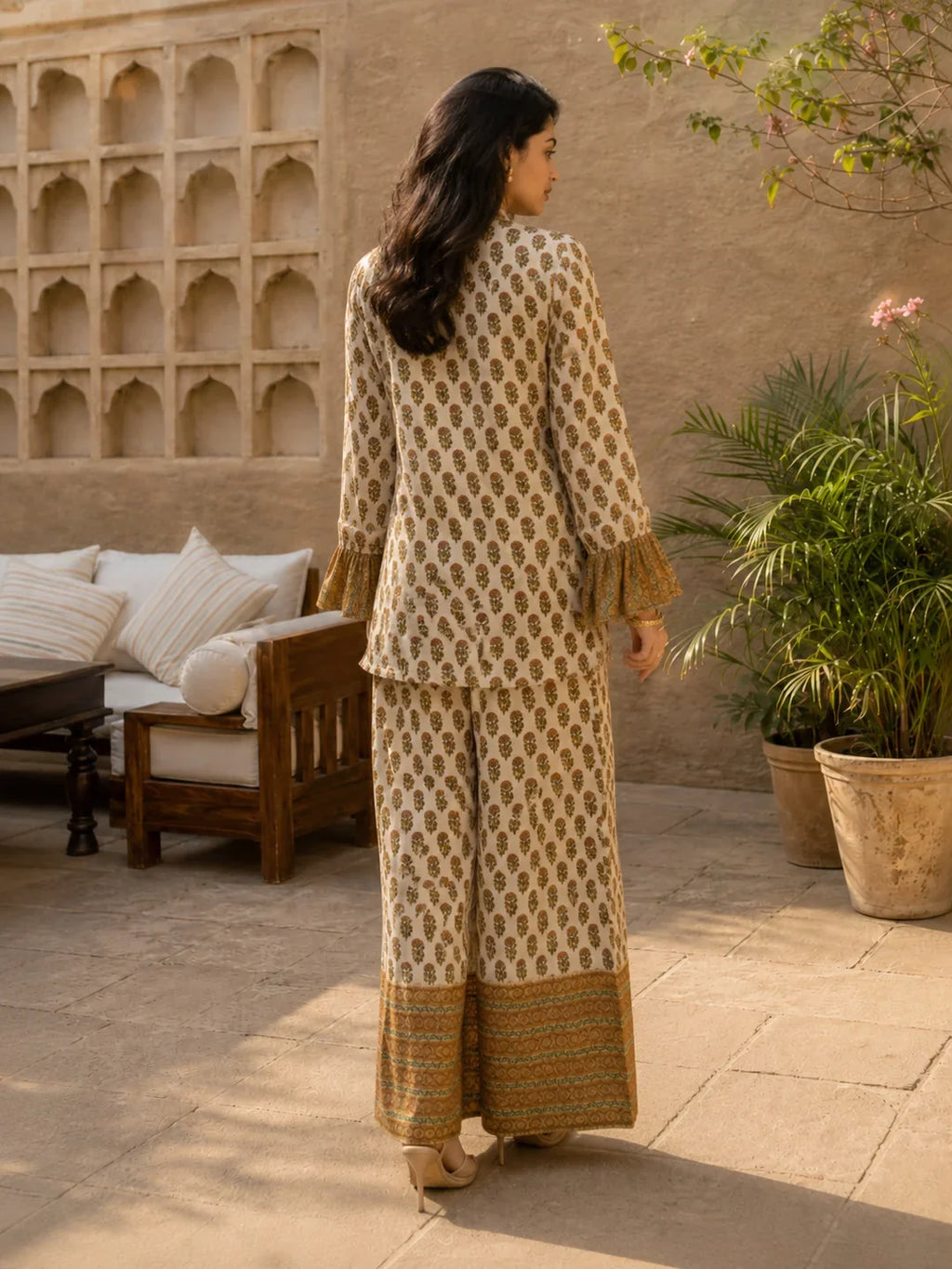 Butter Cream Lurex & Moti Embellished Muslin Co-ord Set with Flared Sleeves