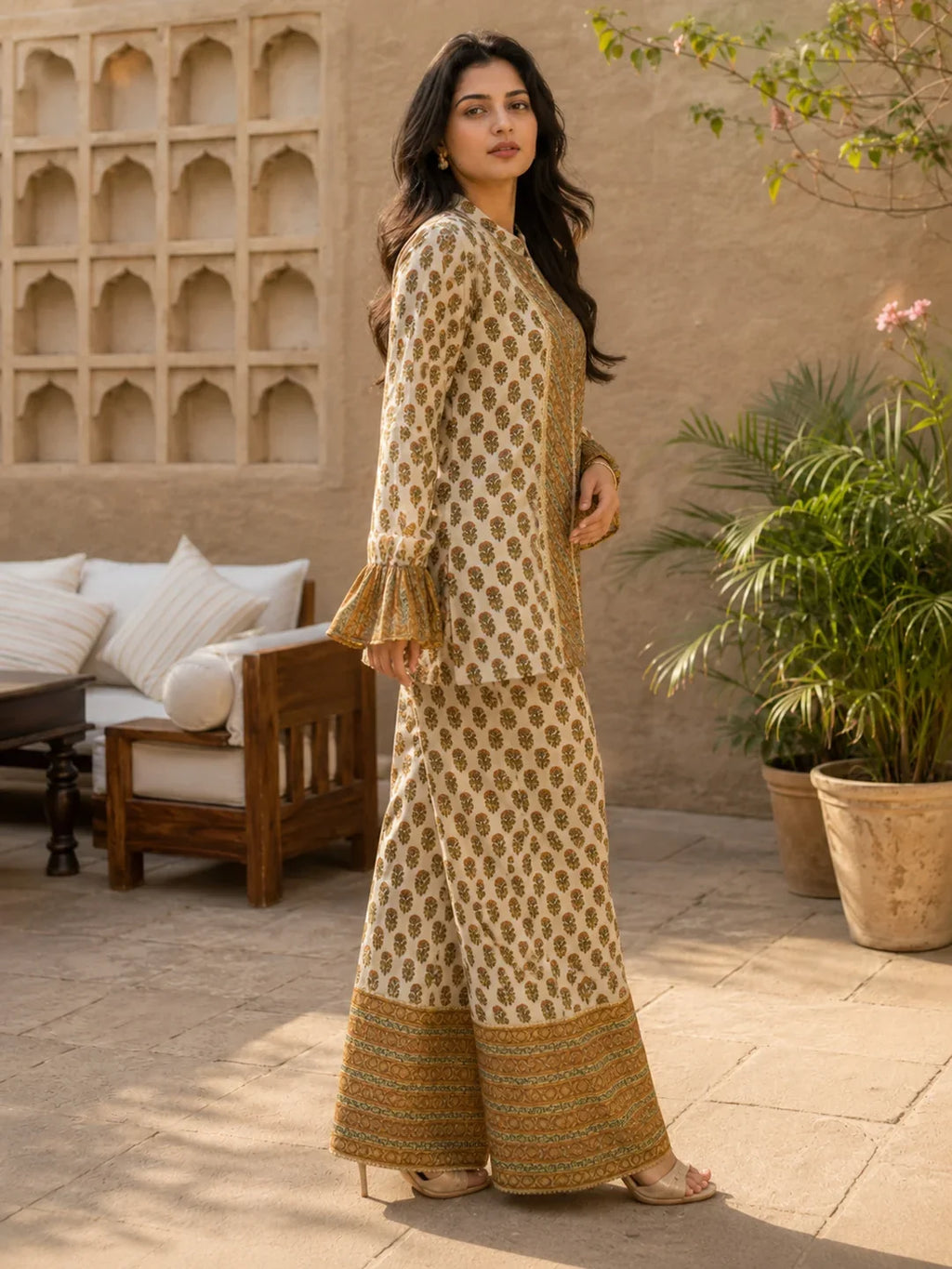 Butter Cream Lurex & Moti Embellished Muslin Co-ord Set with Flared Sleeves
