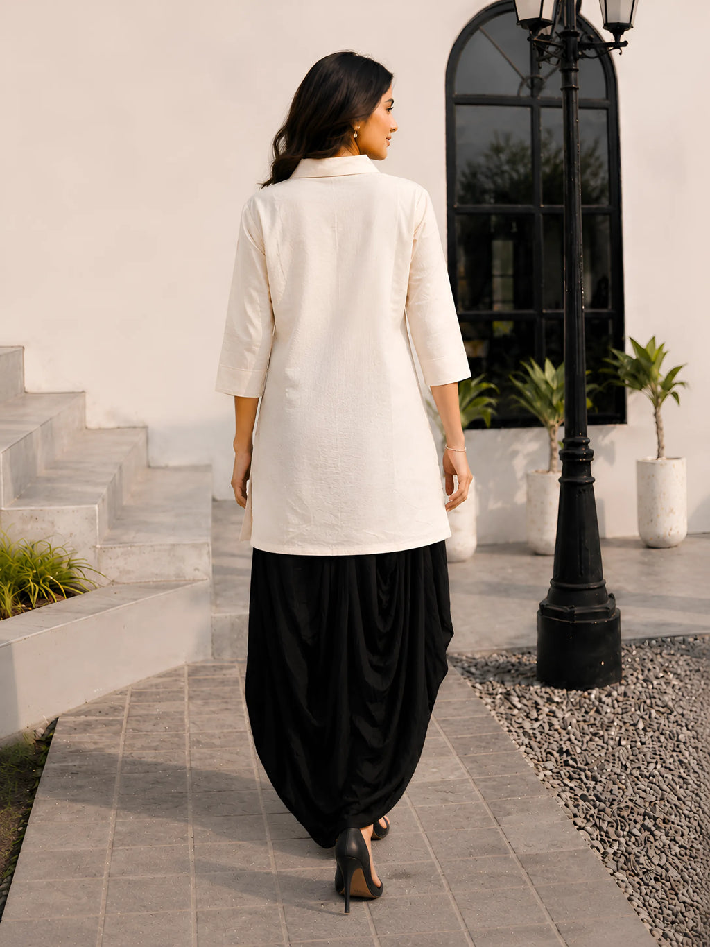 Cream Appliqué Shirt & Black Dhoti Skirt Co-ord Set in Cotton Flex
