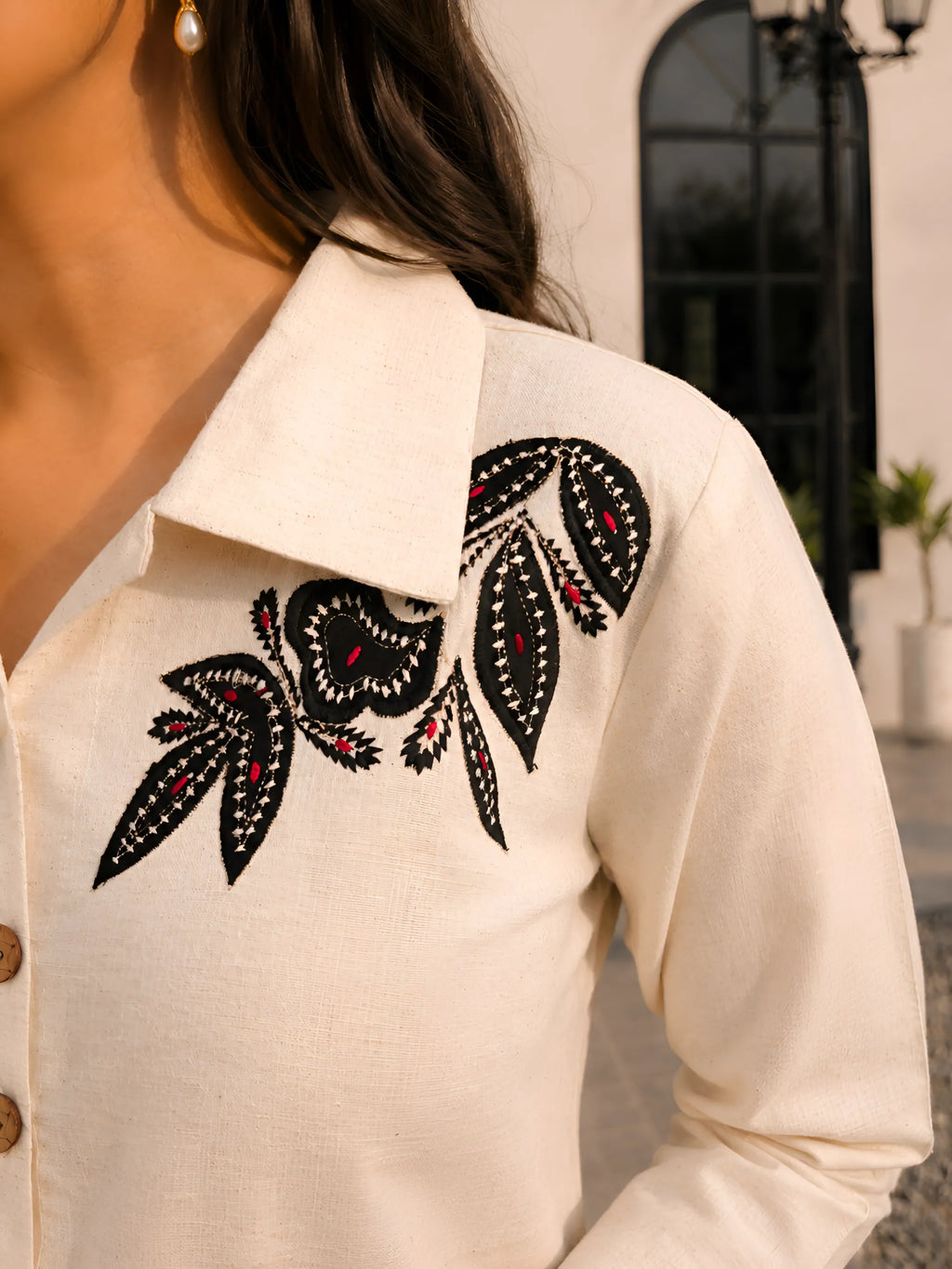 Cream Appliqué Shirt & Black Dhoti Skirt Co-ord Set in Cotton Flex