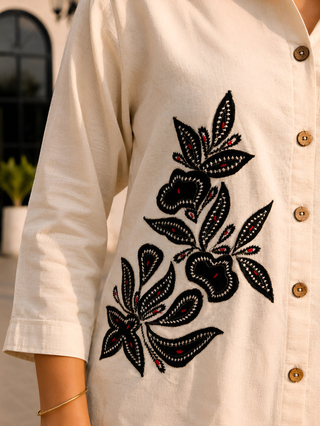 Cream Appliqué Shirt & Black Dhoti Skirt Co-ord Set in Cotton Flex