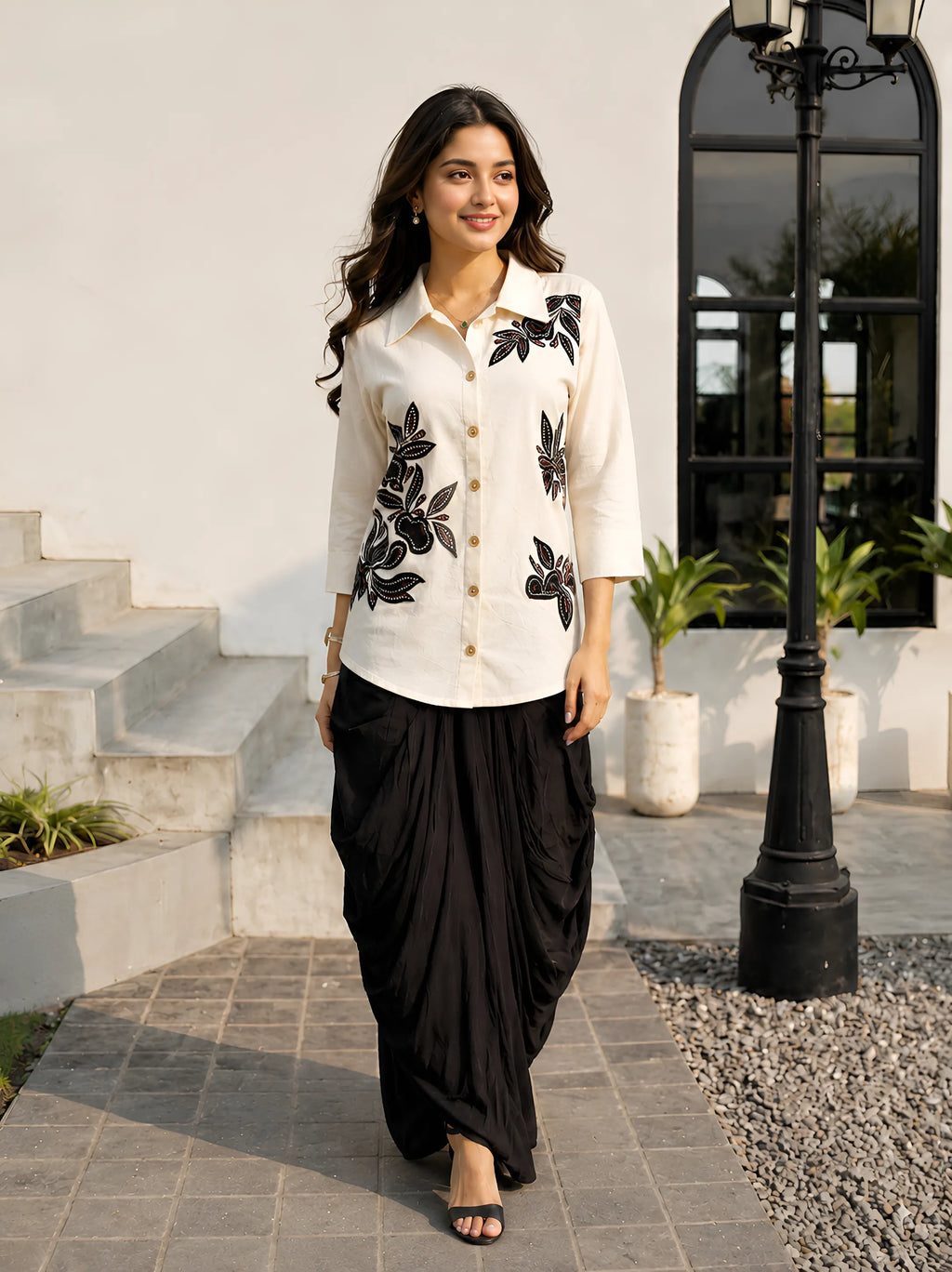 Cream Appliqué Shirt & Black Dhoti Skirt Co-ord Set in Cotton Flex