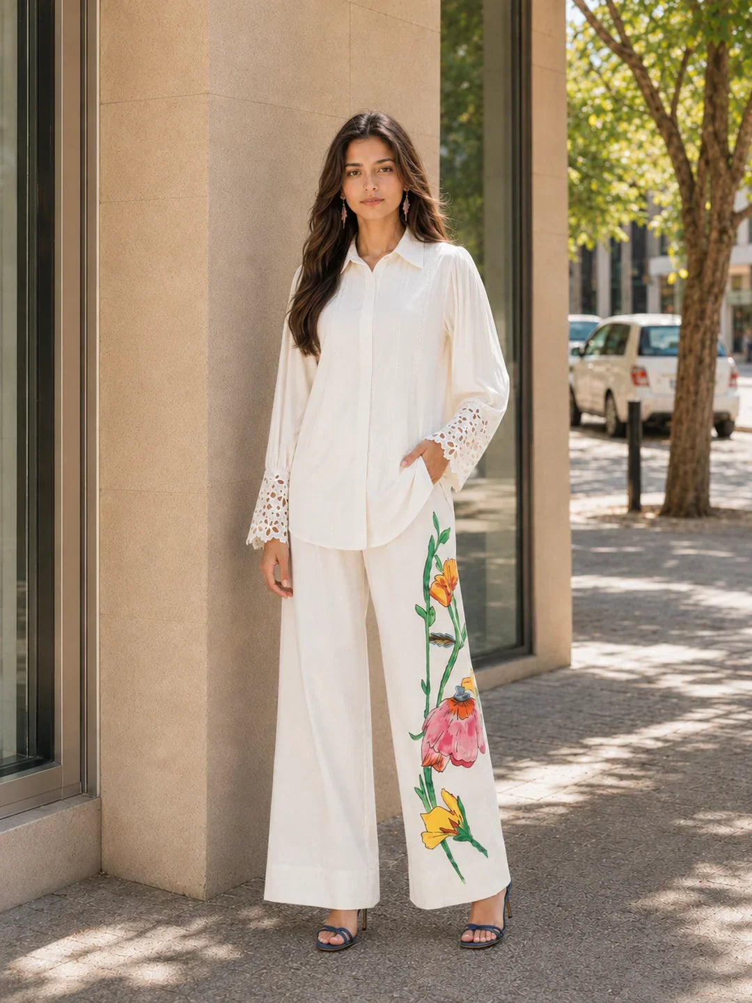 Embroidered Wide Leg Trouser Co-Ord Set With Belt