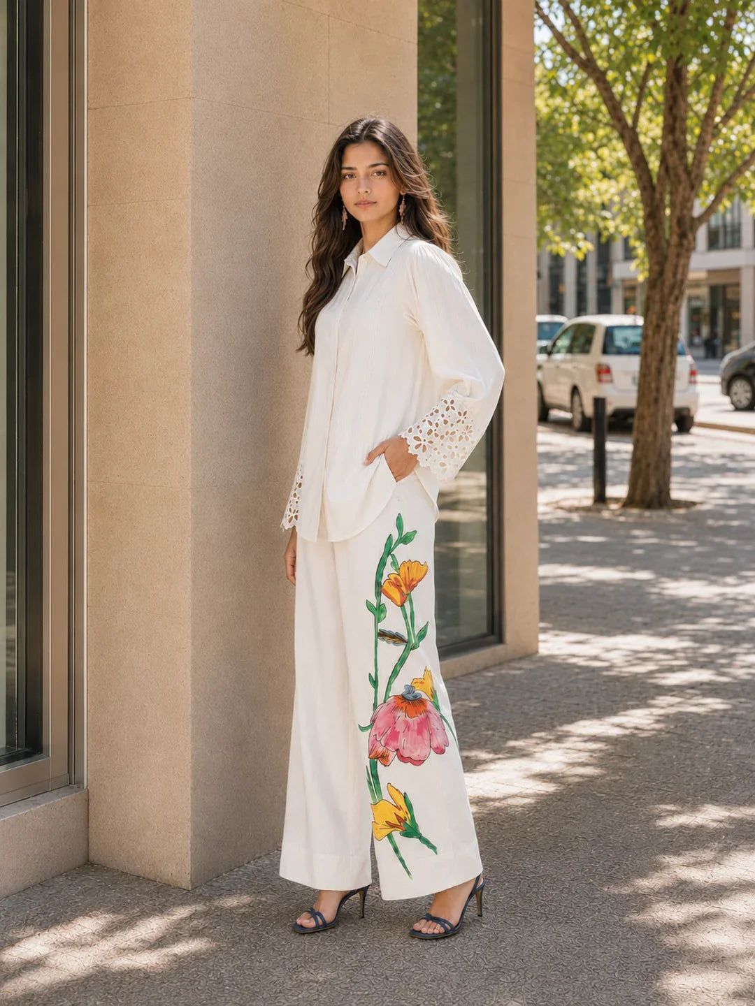 Embroidered Wide Leg Trouser Co-Ord Set With Belt