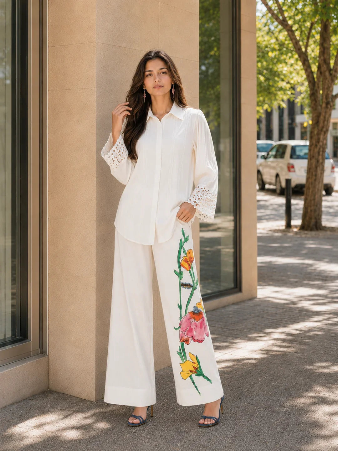 Embroidered Wide Leg Trouser Co-Ord Set With Belt