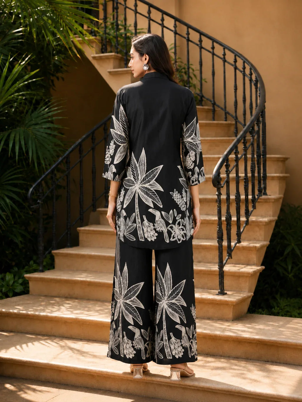 Black Bold Palm Russian Silk Print Co-Ord Set