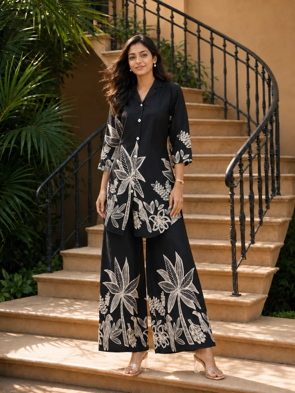Black Bold Palm Russian Silk Print Co-Ord Set