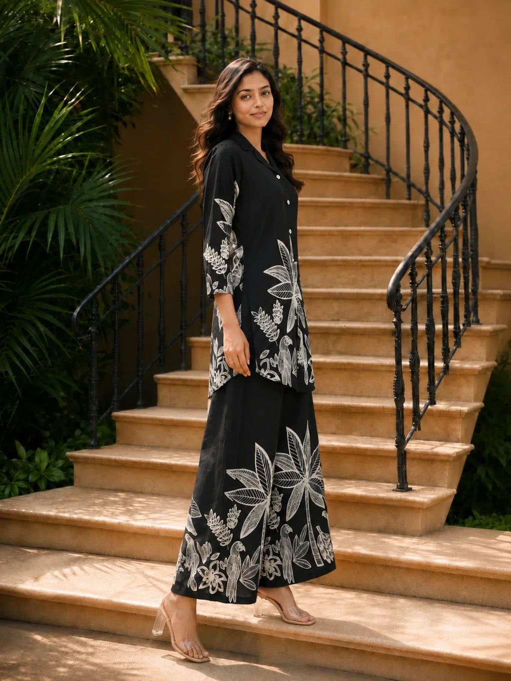 Black Bold Palm Russian Silk Print Co-Ord Set