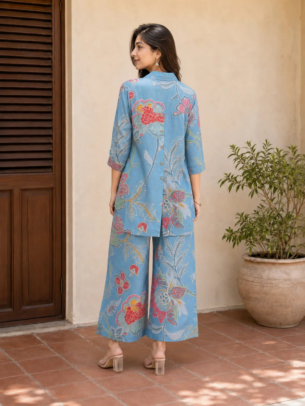 Blue Multi Color Bold Floral Printed Muslin Co Ord Set
