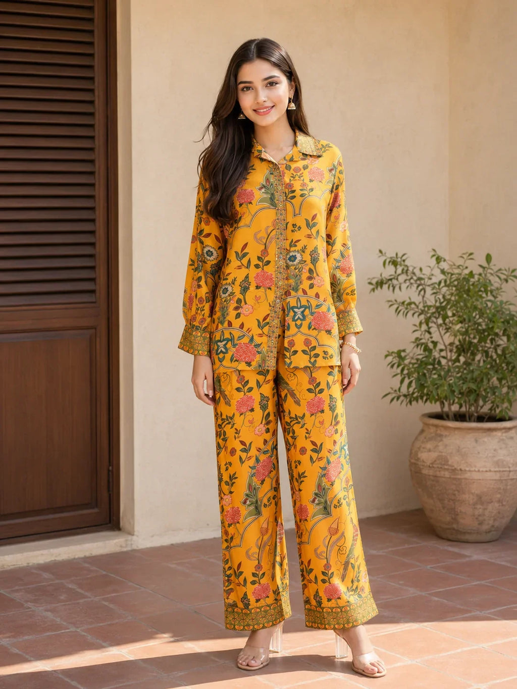 Mustard Yellow Floral Embroidered Printed Muslin Co-ord Set