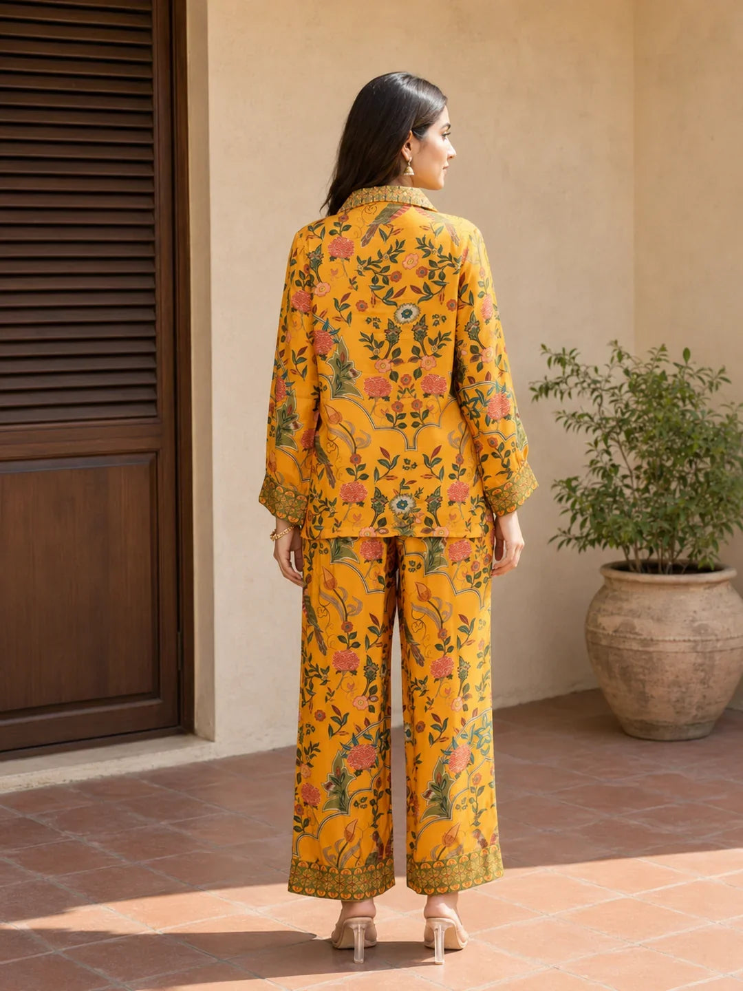 Mustard Yellow Floral Embroidered Printed Muslin Co-ord Set