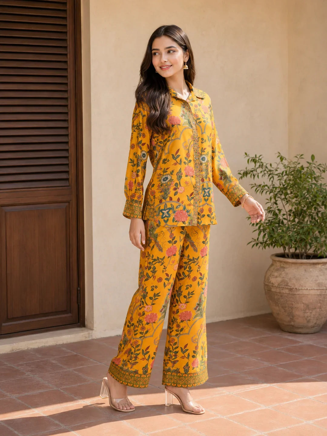 Mustard Yellow Floral Embroidered Printed Muslin Co-ord Set