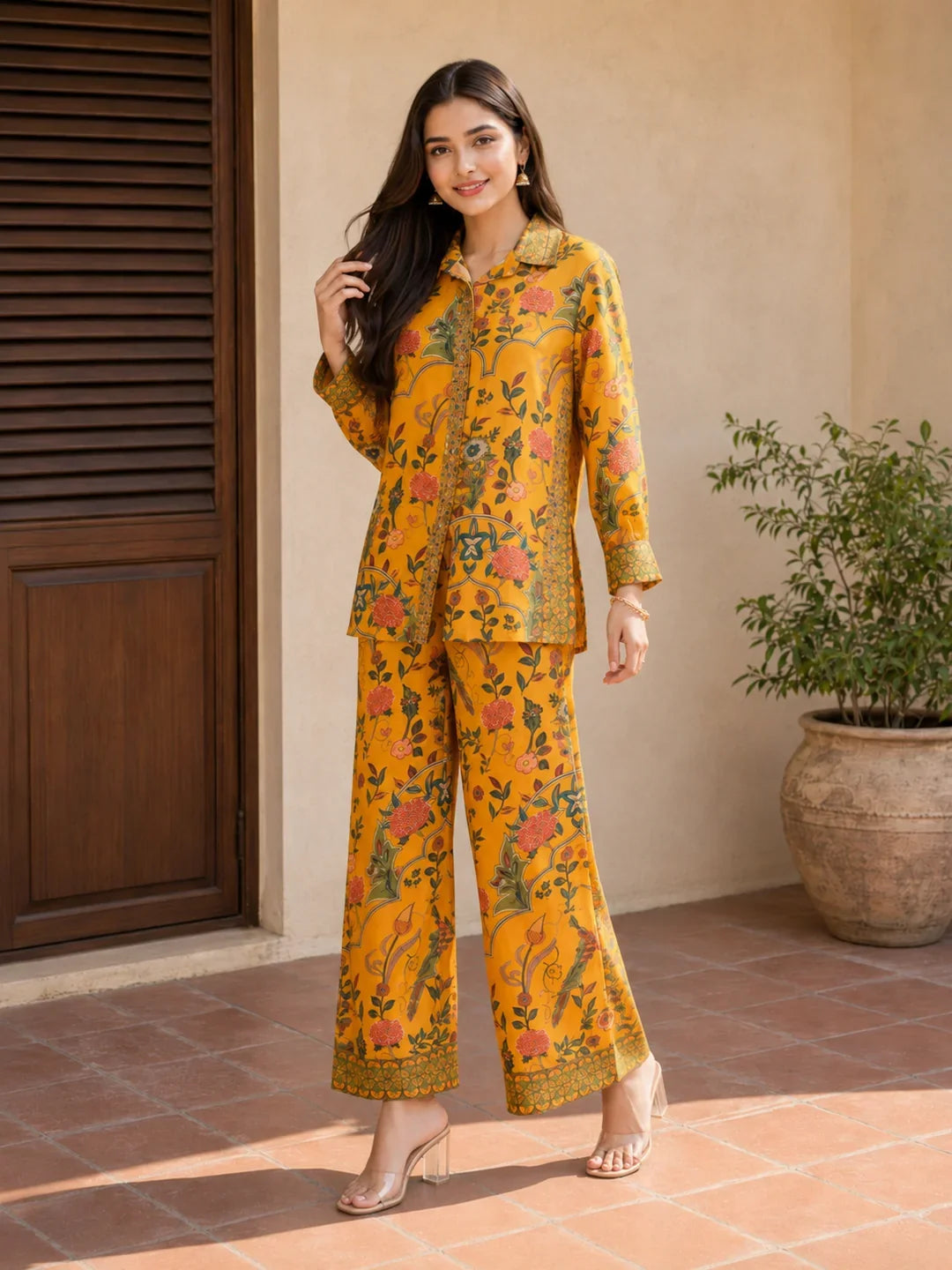Mustard Yellow Floral Embroidered Printed Muslin Co-ord Set