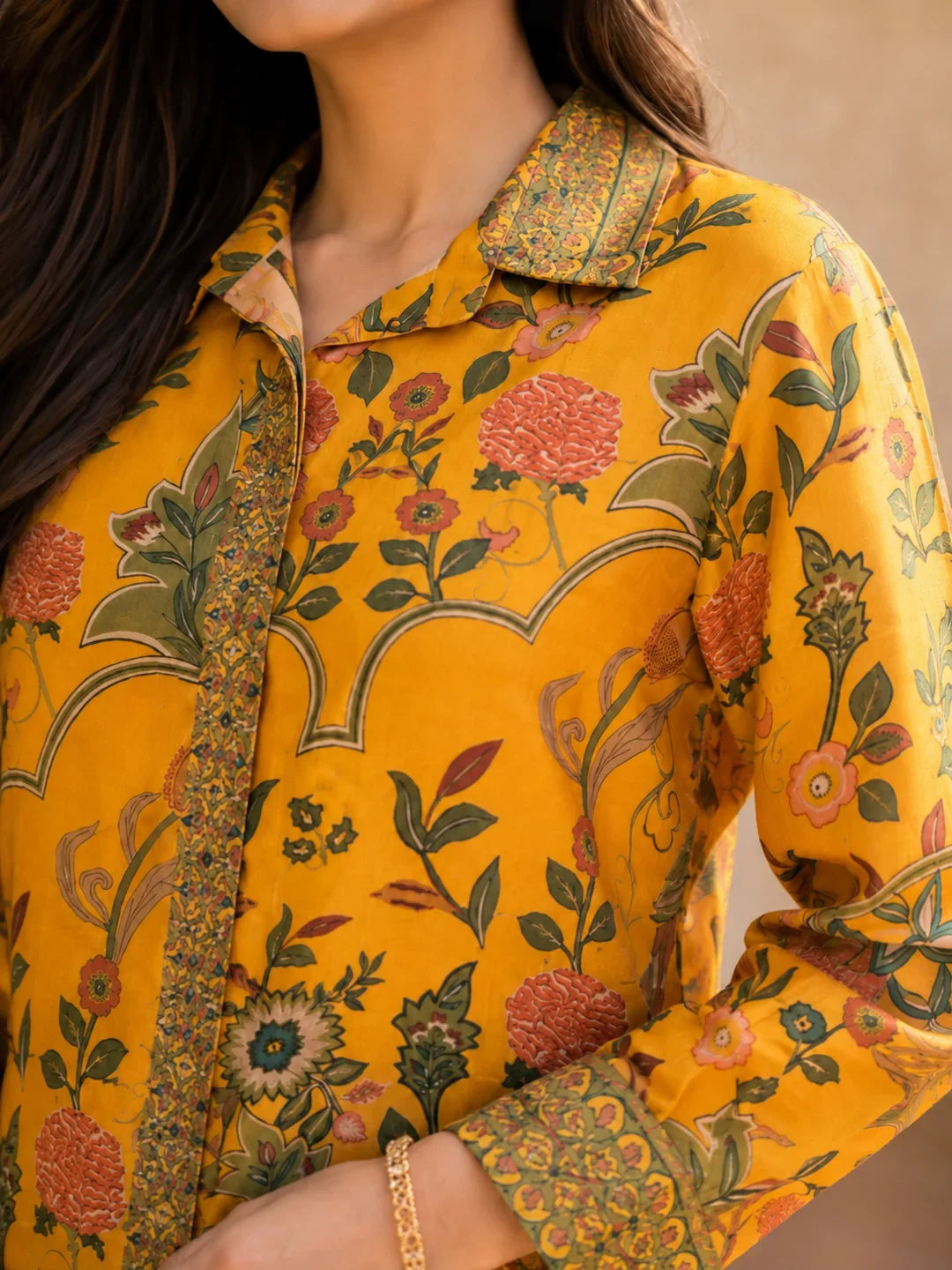 Mustard Yellow Floral Embroidered Printed Muslin Co-ord Set