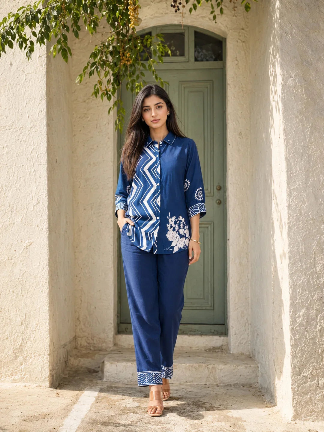 Navy Blue Zigzag Stripe Muslin Co-Ord Set